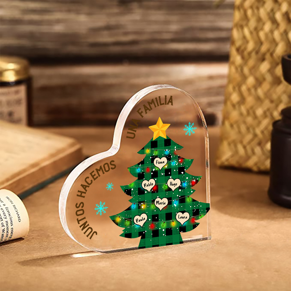 Navidad - Placa de acrílico en forma de corazón árbol con luces con 6 nombres personalizados-Jessemade ES