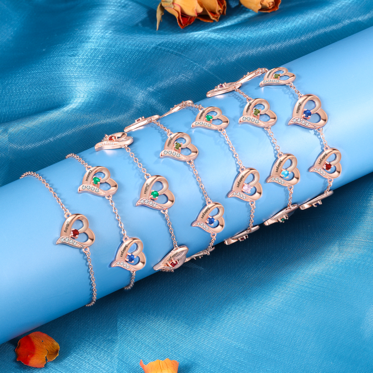 Pulsera 1-7 nombres y piedras personalizados con dije de corazón-Jessemade ES