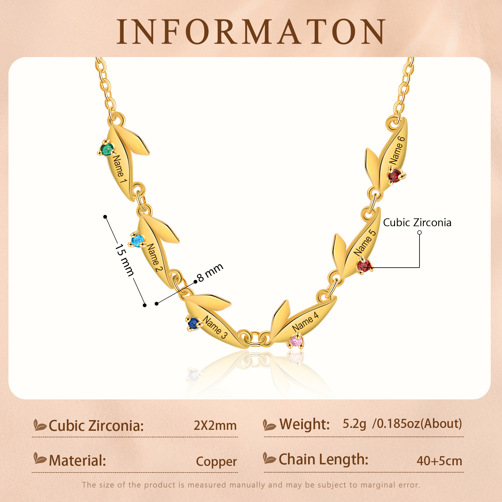 Collar con colgante de hojas con 2-6 nombres personalizados y 2-6 piedras de nacimiento-Jessemade ES