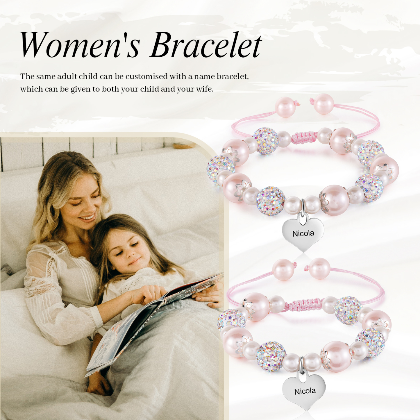 Unidad de 2 pulseras de perlas para mamá e hija con dije personalizado de 2 nombres