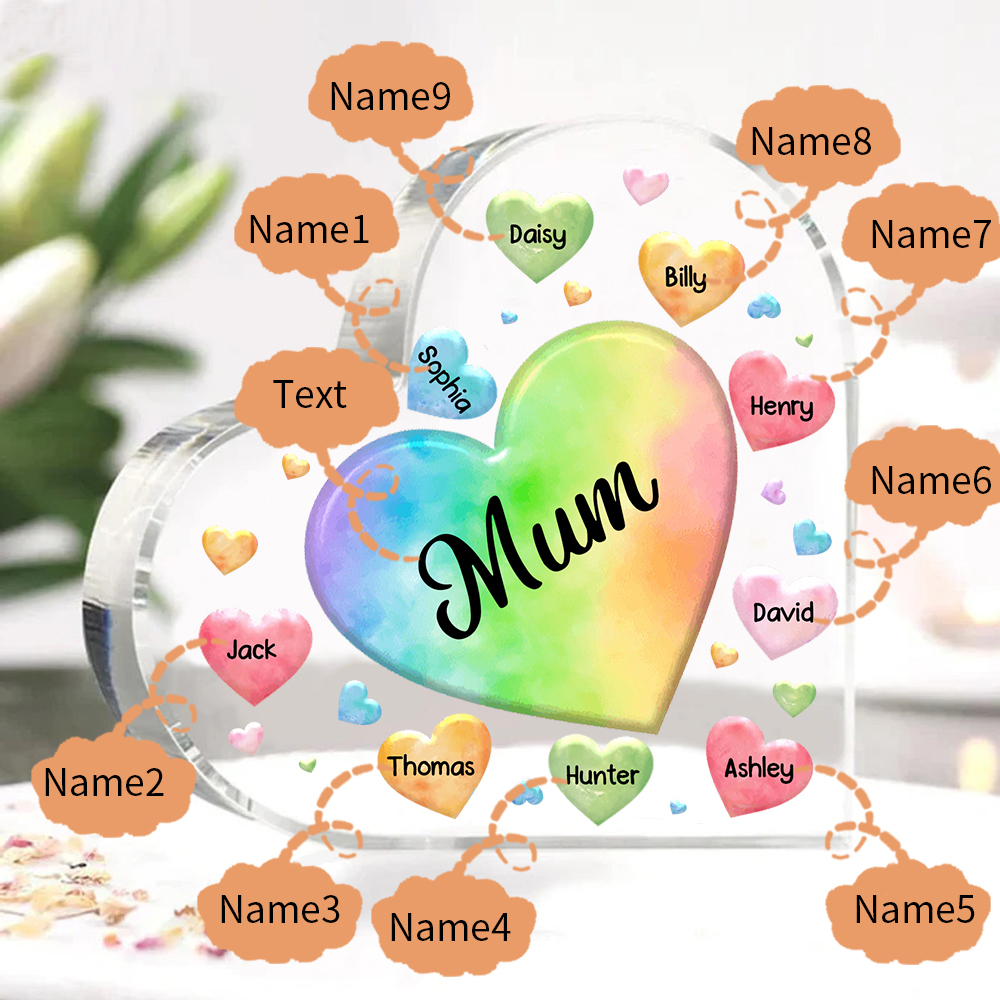 A mi mamá/abuela-Placa de acrílico "Corazones" en forma de corazón 9 nombres y 1 texto personalizados-Jessemade ES