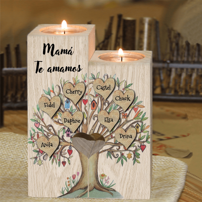 A la familia-Candelero de árbol de la vida de madera personalizado con 3-8 nombres y 1 texto sin vela-Jessemade ES