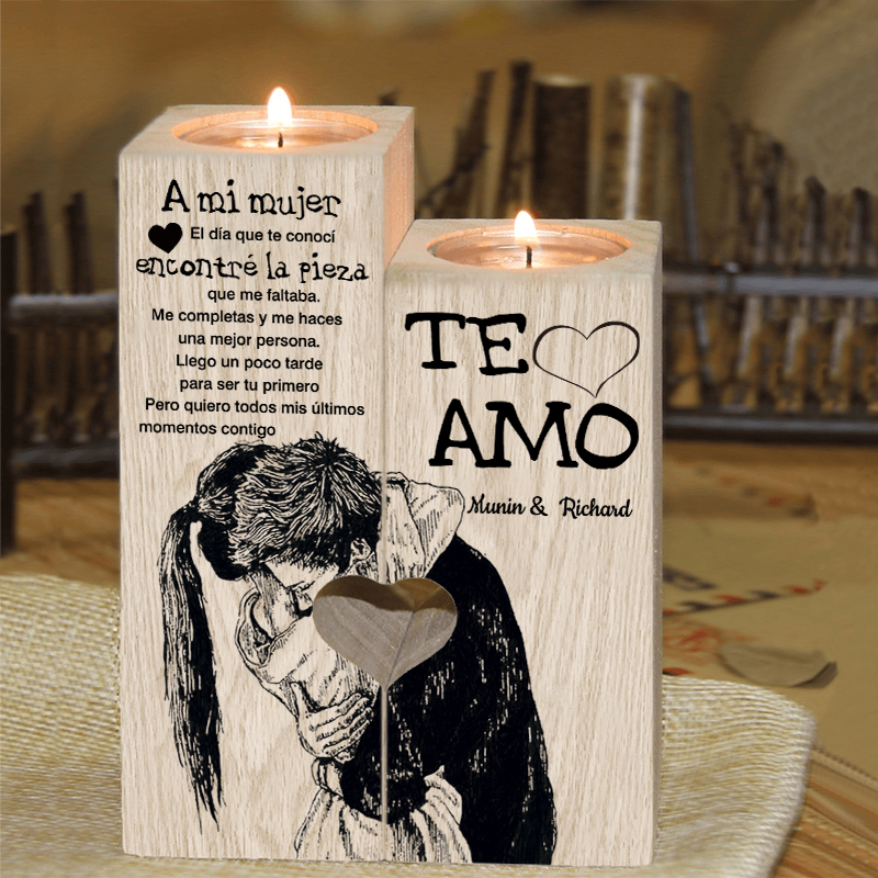 A mi mujer-Candelero de pareja abrazada de madera de dos piezas sin candela con 1 texto personalizado-Jessemade ES