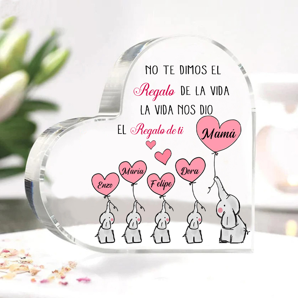 A mi mamá/abuela-Placa de acrílico en forma de corazón elefantes 2-5 nombres personalizados-Jessemade ES
