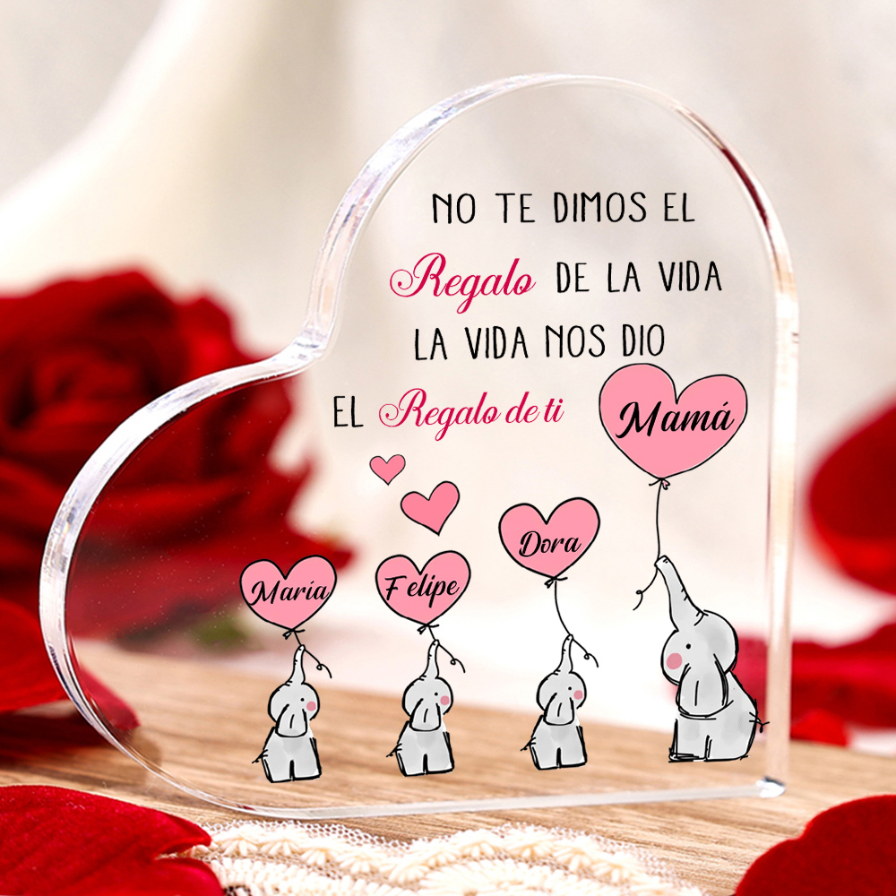 A mi mamá/abuela-Placa de acrílico en forma de corazón elefantes 2-5 nombres personalizados-Jessemade ES