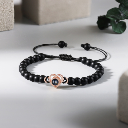 Pulsera de turquesa negra sintética con proyección de foto en color con dije de corazón pulsera ajustable-Jessemade ES