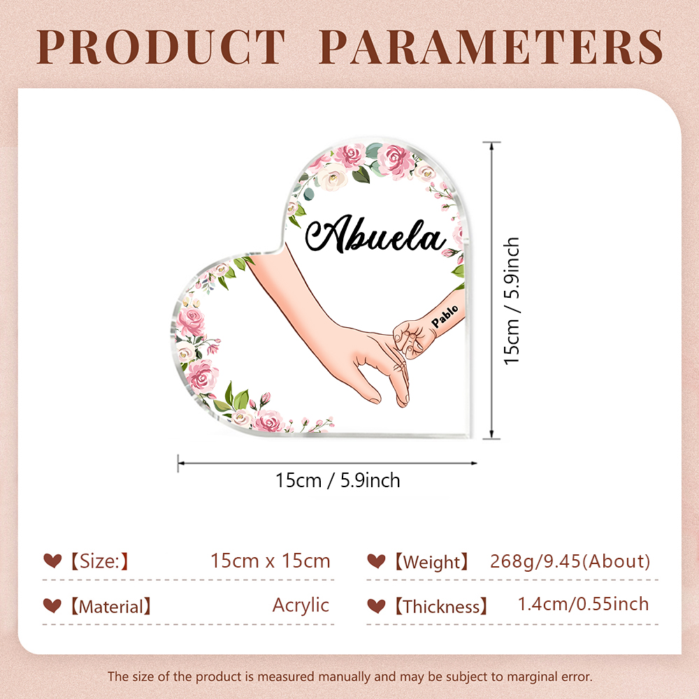 A mi mamá/abuela-Placa de acrílico en forma de corazón mano a mano con 1 texto y 1 nombre personalizado | Jessemade