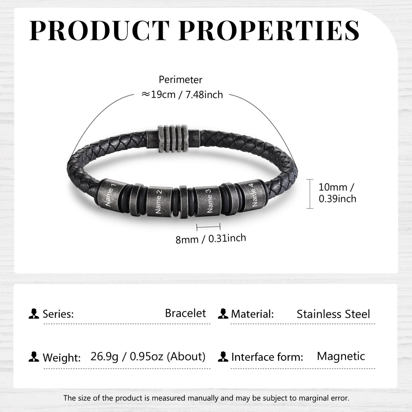 Pulsera de cuero trenzado con 4 aros 4 nombres personalizados pulsera de hombre -Jessemade ES