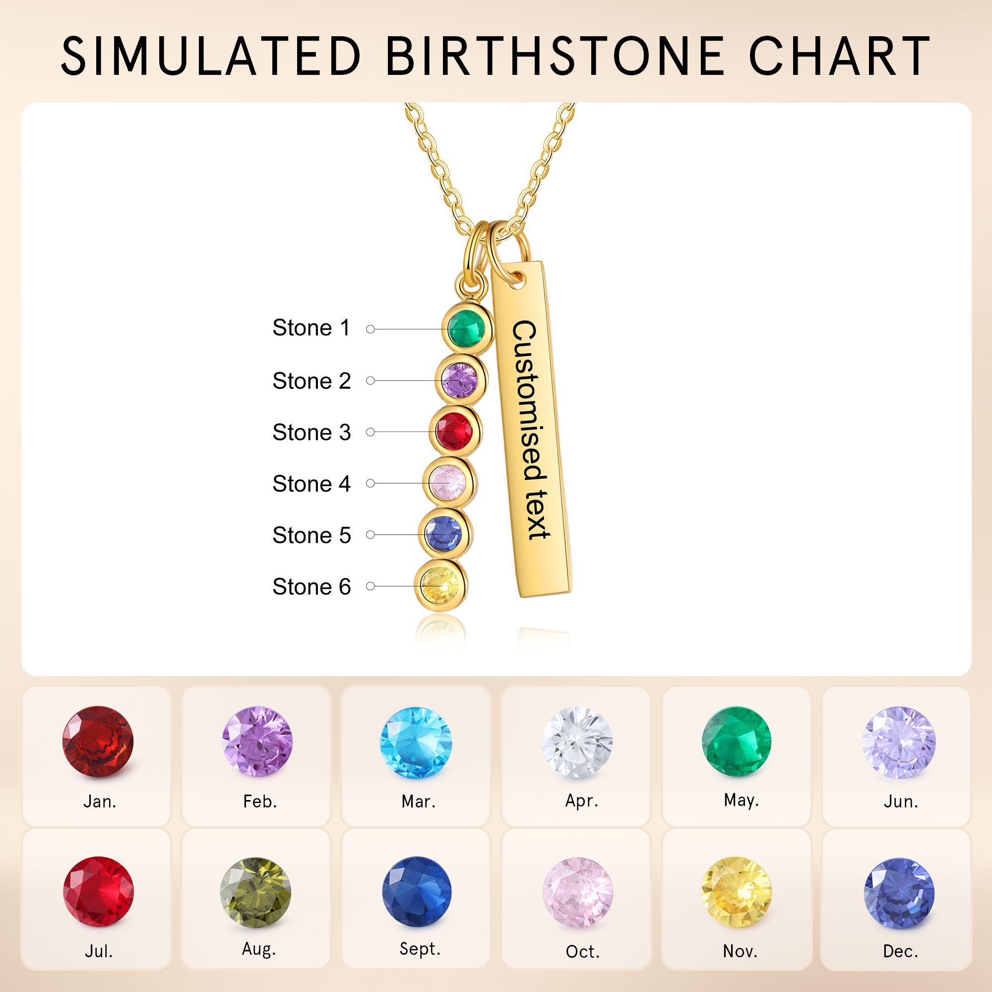 Collar con colgante de placa con 1-6 piedras de nacimiento personalizadas con texto-Jessemade ES
