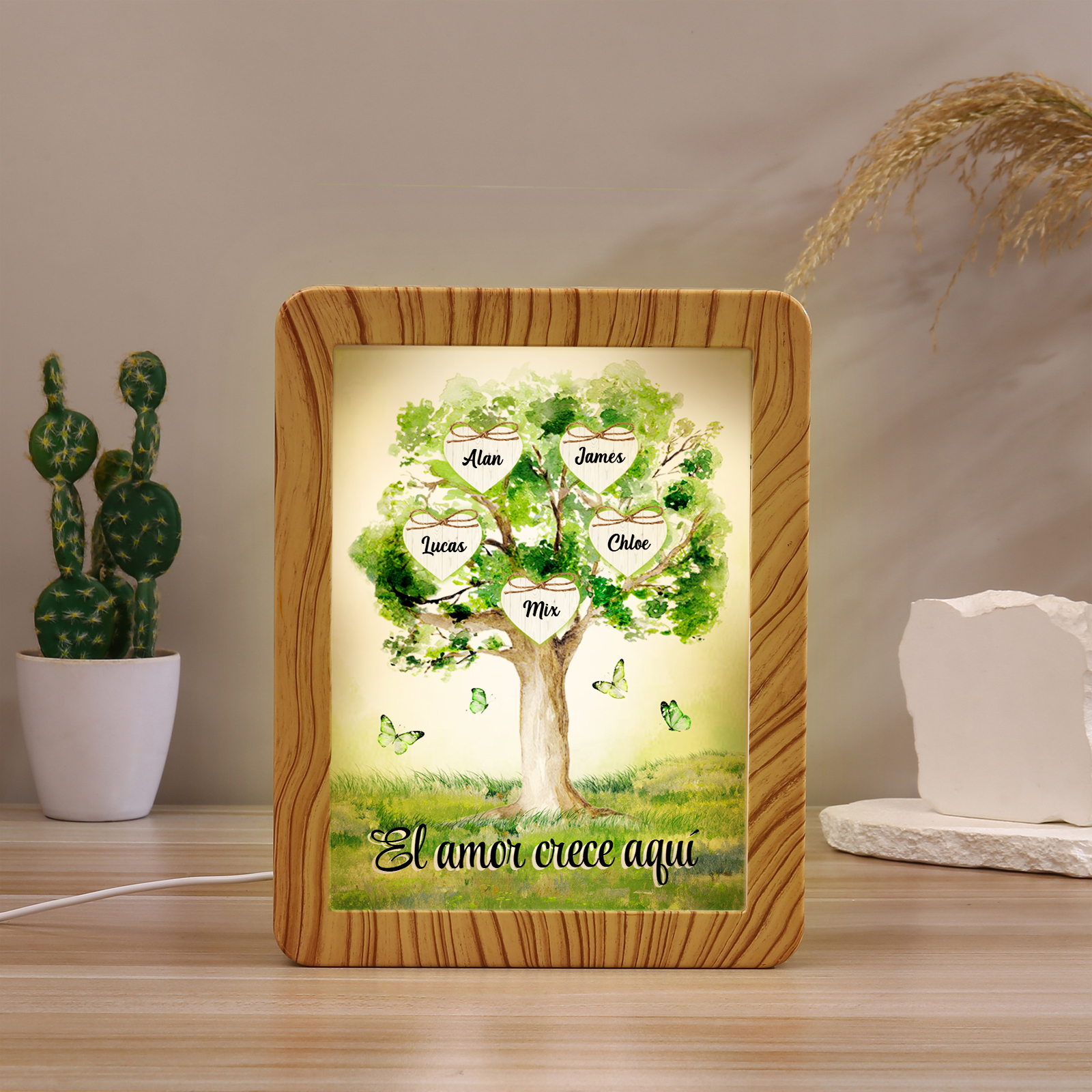 Marco/Espejo con LED Multifuncional Árbol de la Vida 2-8 Nombres Personalizados con 1 Texto-Jessemade ES