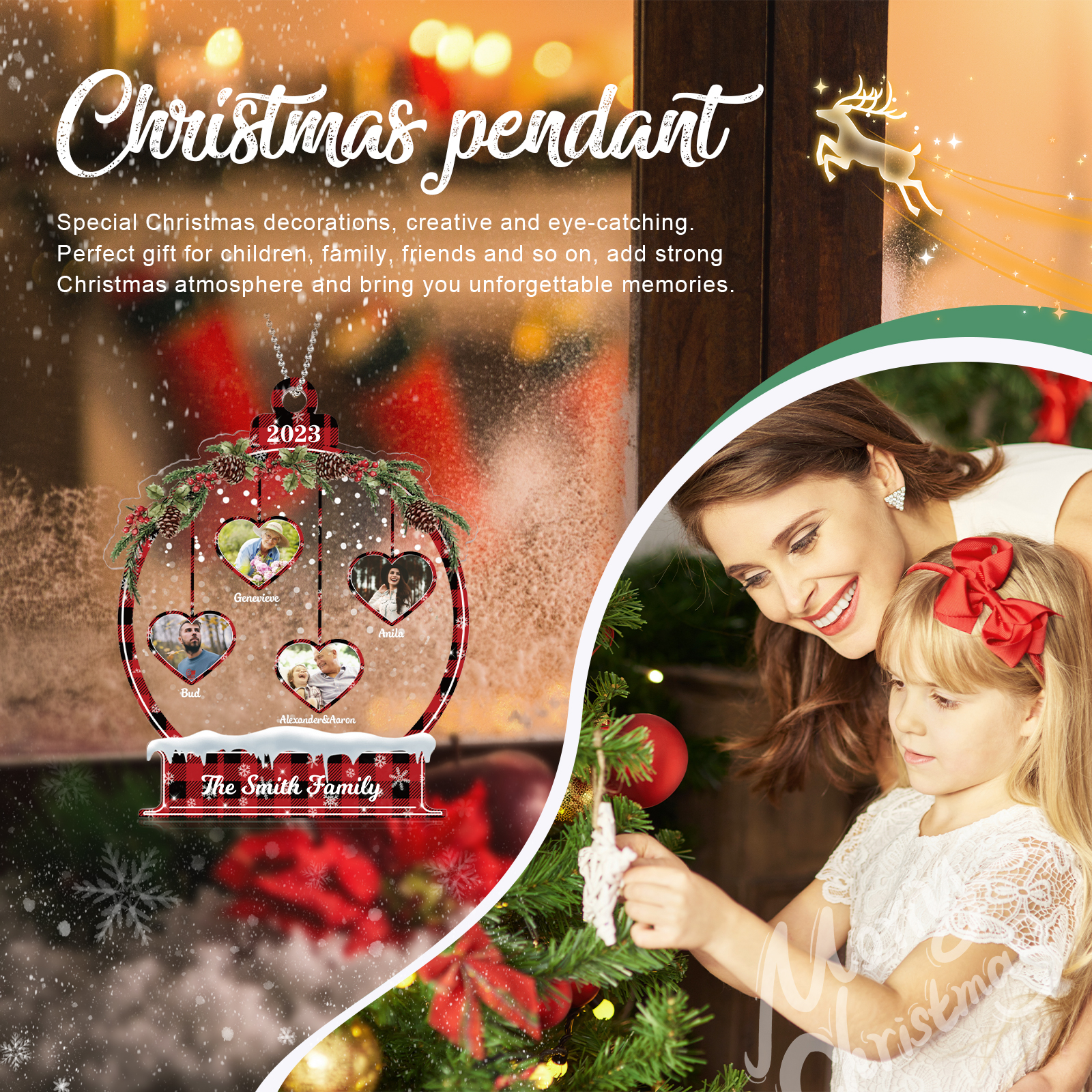 Navidad-Ornamento navideño de acrílico bola de cristal con 4 nombres, 4 fotos y 1 texto personalizados-Jessemade ES