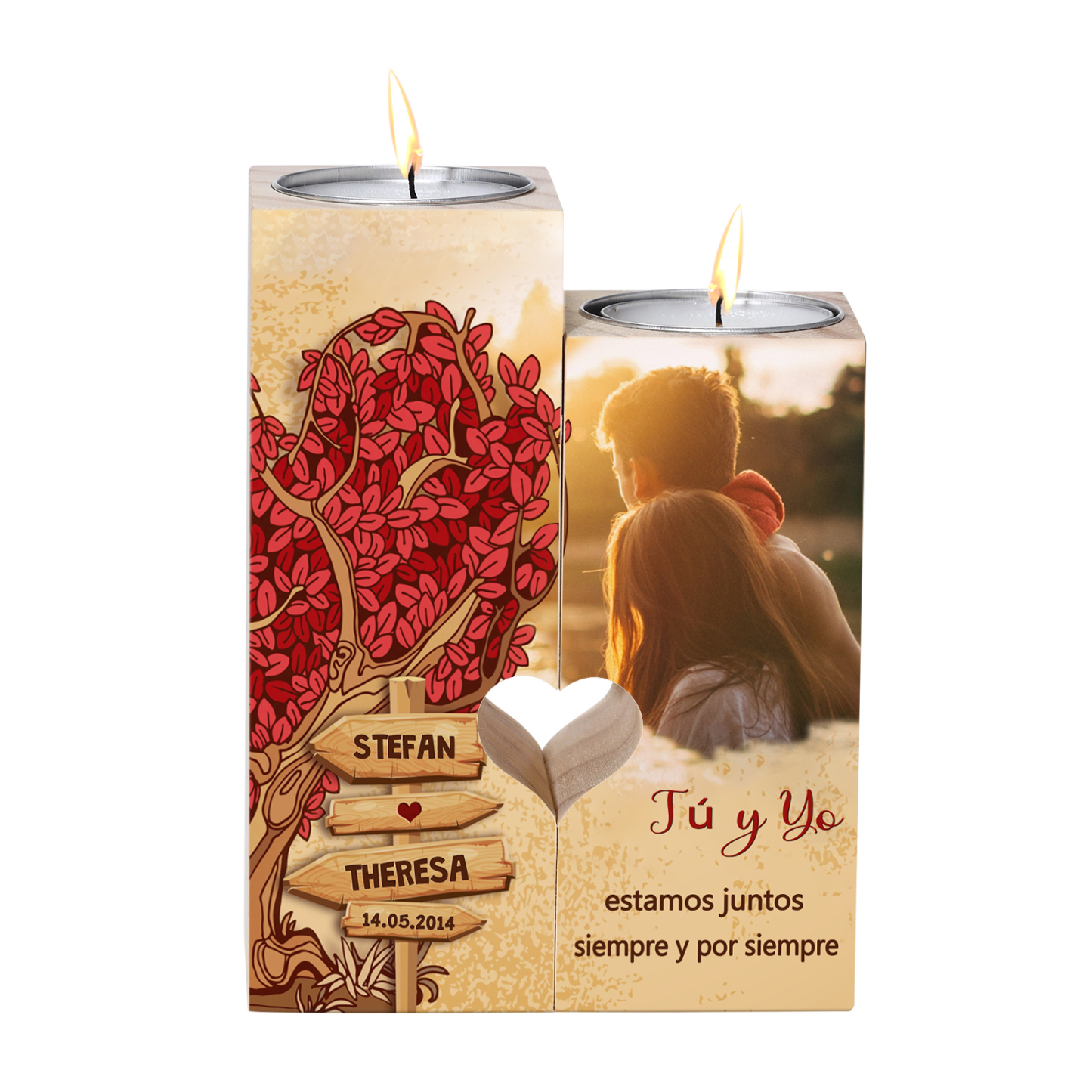 Candelero para pareja de madera de dos piezas sin candela con 2 nombres, fecha y foto personalizados-Jessemade ES