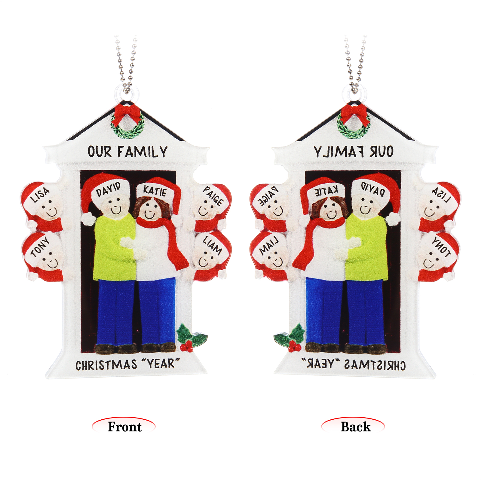 Navidad-Ornamentos Navideños de Acrílico Familia en Puerta 6 Nombres Personalizados con 2 Textos