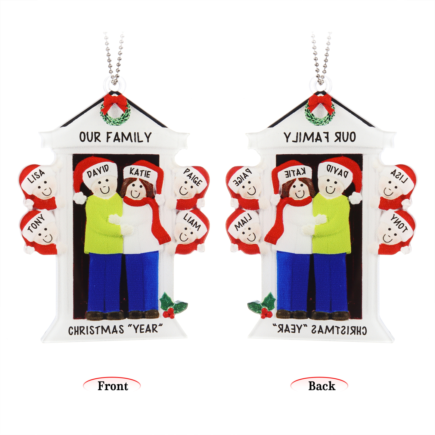 Navidad-Ornamentos Navideños de Acrílico Familia en Puerta 6 Nombres Personalizados con 2 Textos