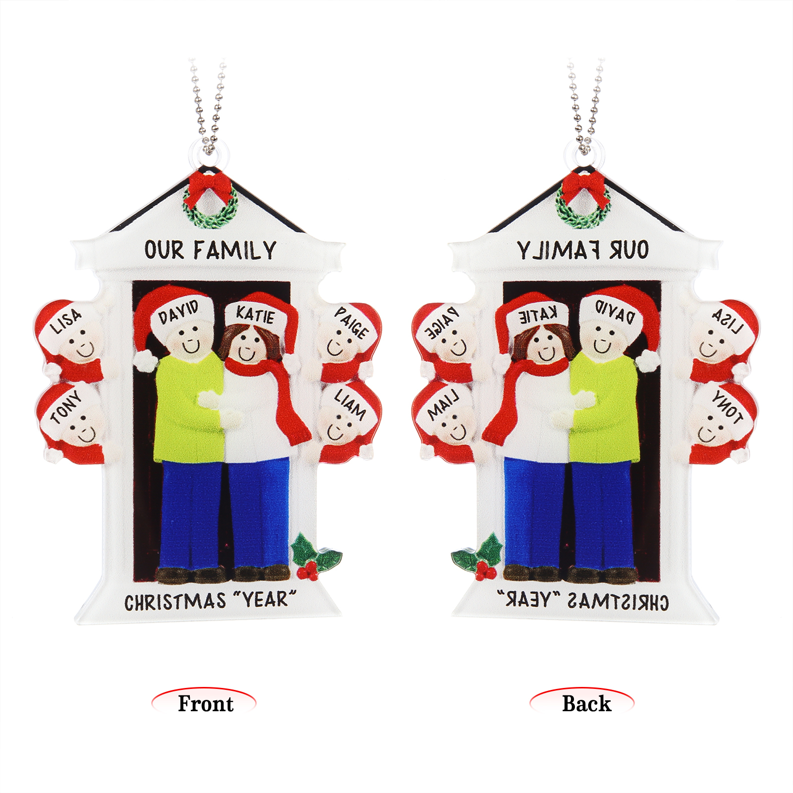 Navidad-Ornamentos Navideños de Acrílico Familia en Puerta 6 Nombres Personalizados con 2 Textos
