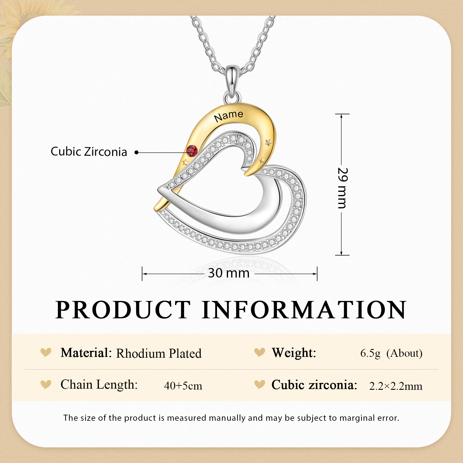 Collar de corazón con 1 nombre y piedra de nacimiento personalizados-Jessemade ES