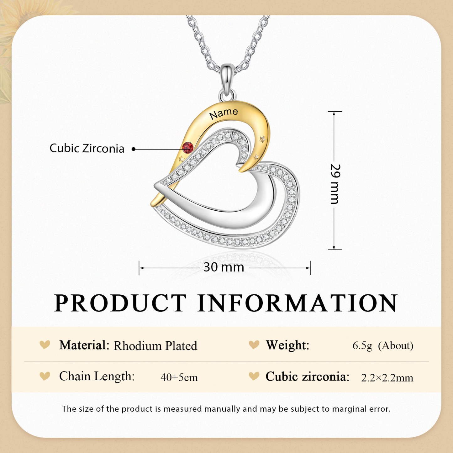 Collar de corazón con 1 nombre y piedra de nacimiento personalizados-Jessemade ES