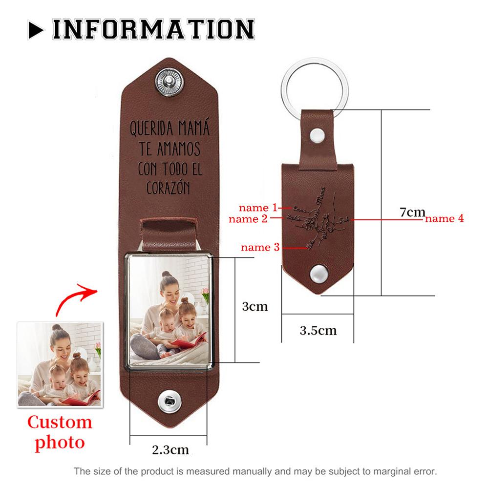 A mi mamá - Llavero 1-5 nombres y 1 foto personalizados de cuero mano y manitos-Jessemade ES