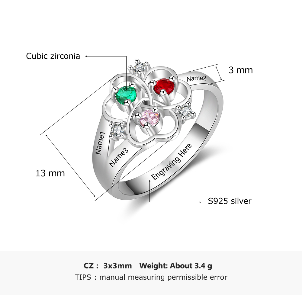 Anillo de Plata 925 con 3 Nombres Personalizados y 3 Piedras de Nacimiento
