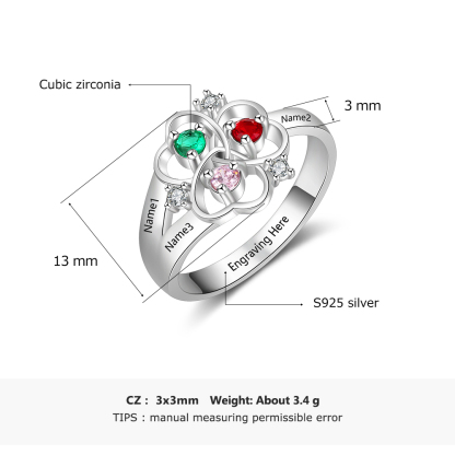 Anillo de Plata 925 con 3 Nombres Personalizados y 3 Piedras de Nacimiento