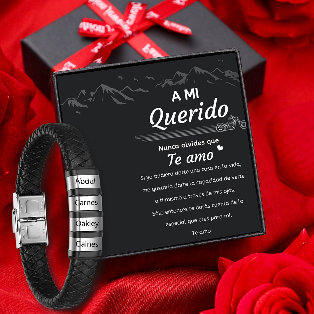 A mi querido-Pulsera de cuero trenzado de hombre con 4 perlas personalizadas con 4 nombres-Jessemade ES