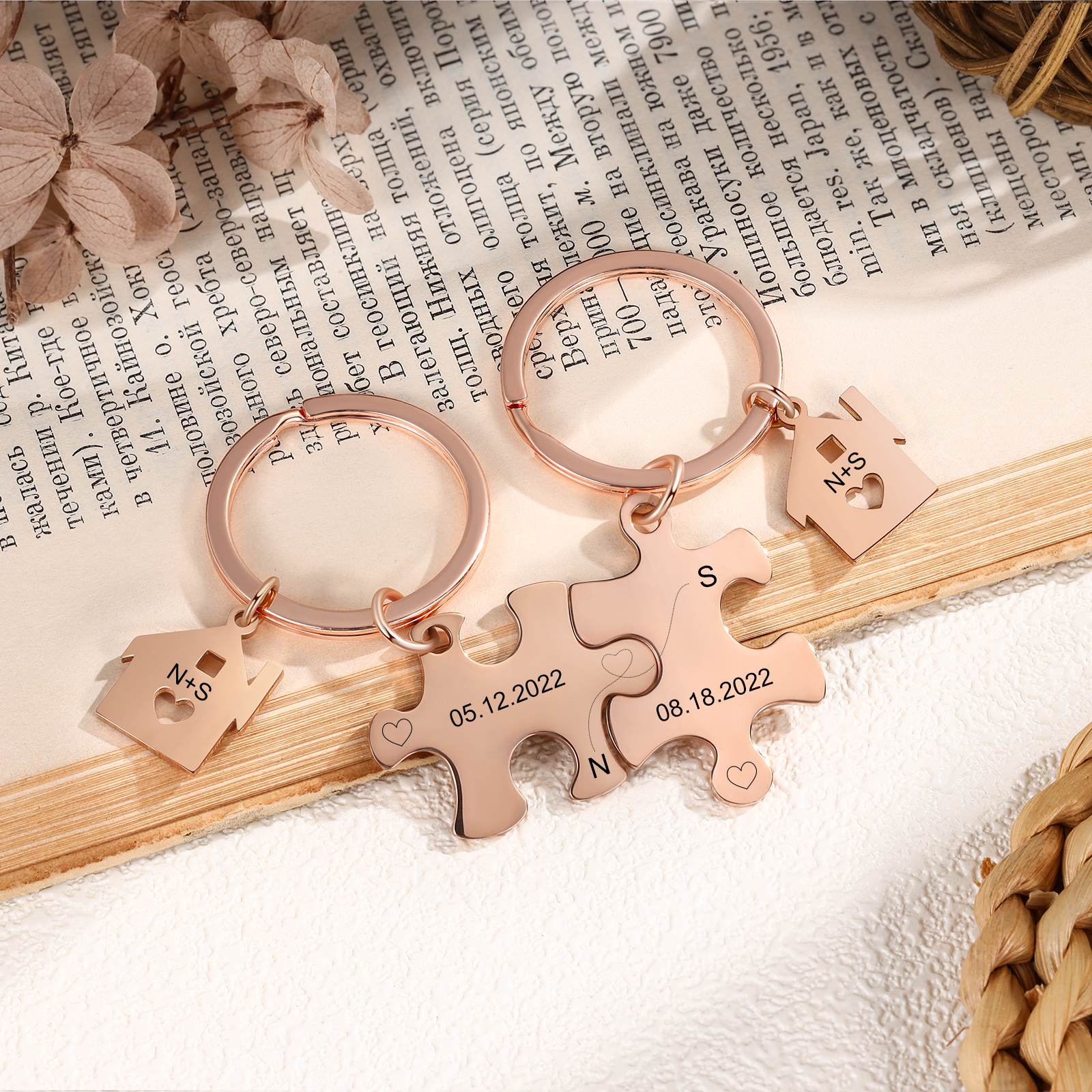 Llavero para pareja rompecabezas 2 letras personalizadas con fecha dije de casa-Jessemade ES