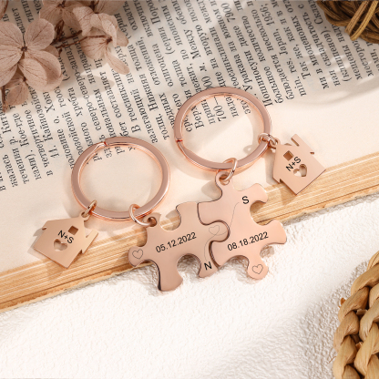 Llavero para pareja rompecabezas 2 letras personalizadas con fecha dije de casa-Jessemade ES