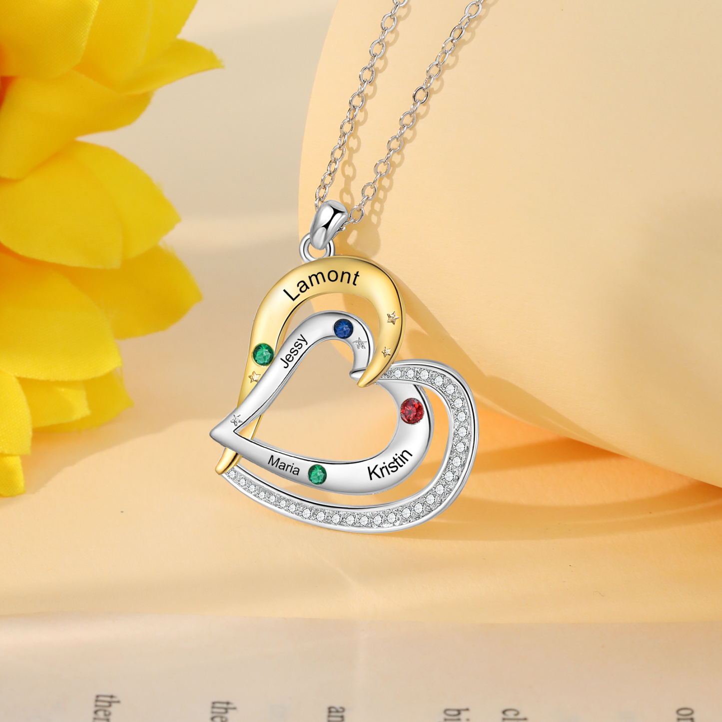 Collar de corazón con 4 nombres y piedras de nacimiento personalizados-Jessemade ES