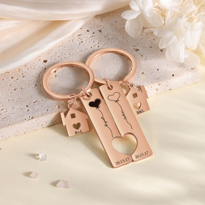 Llavero para pareja corazones 2 nombres, 2 letras personalizados con fecha dije de casa-Jessemade ES