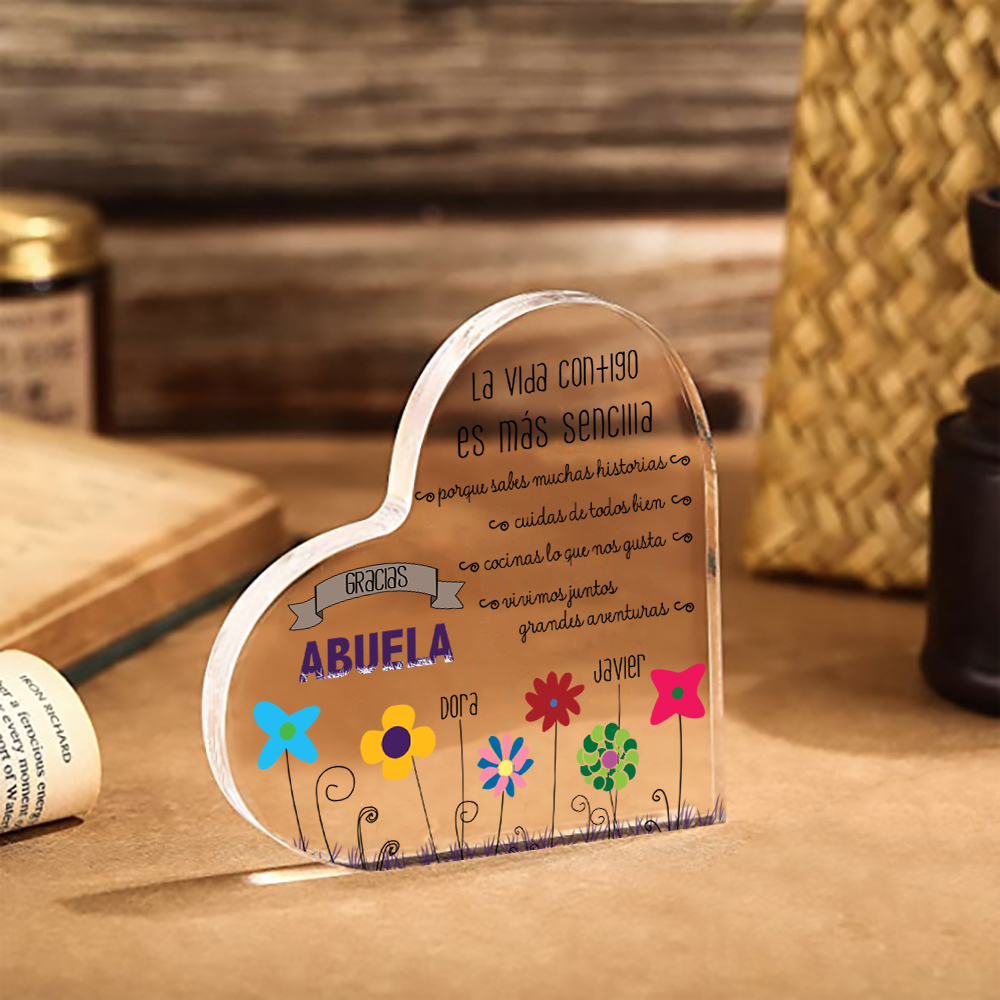 Abuela - Placa de acrílico en forma de corazón flores 1-5 nombres personalizados-Jessemade ES