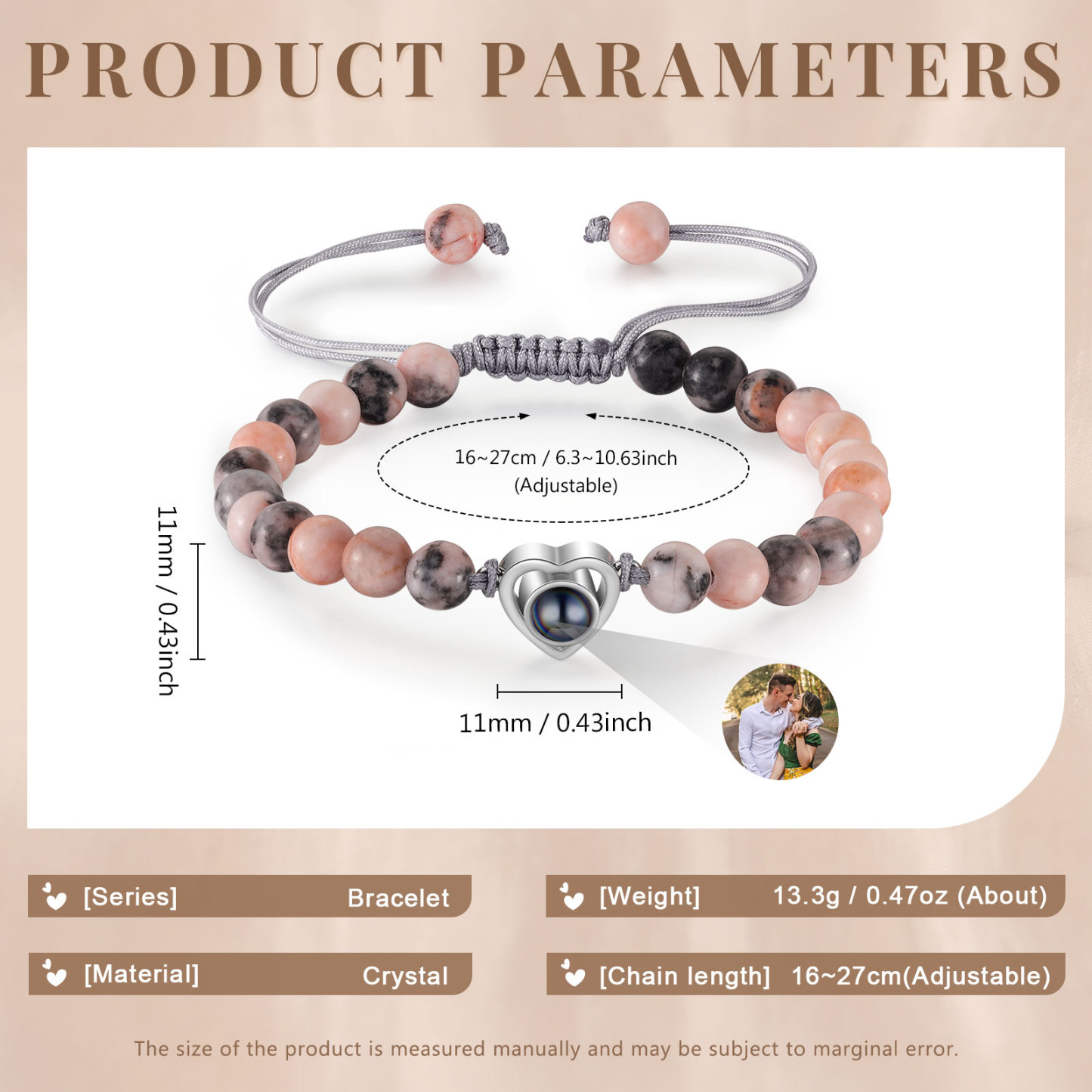 Pulsera con proyección de foto en color con dije de corazón y 8 colores de perlas de cristal-Jessemade ES