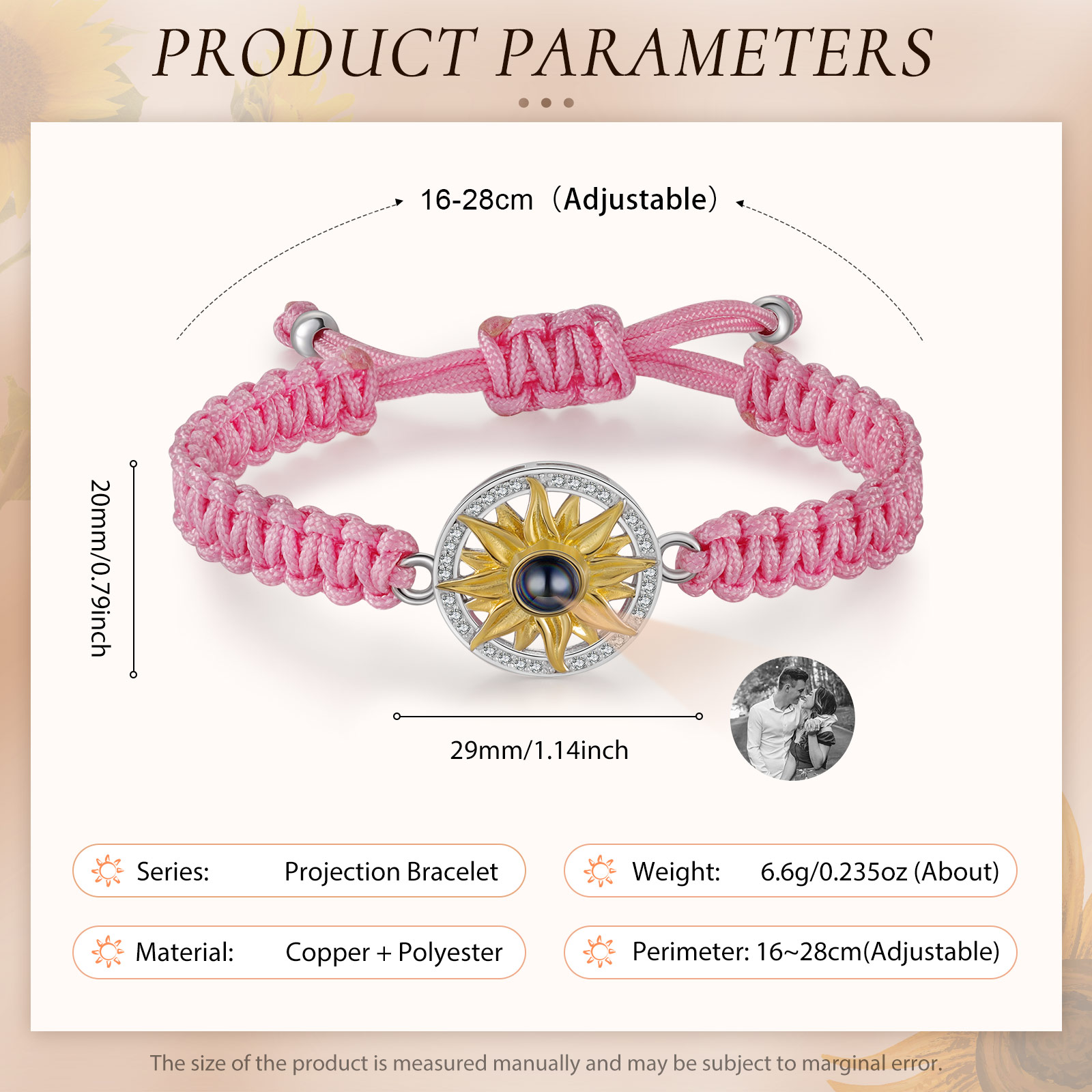 Pulsera con proyección de foto con dije de girasol cuerda rosa-Jessemade ES
