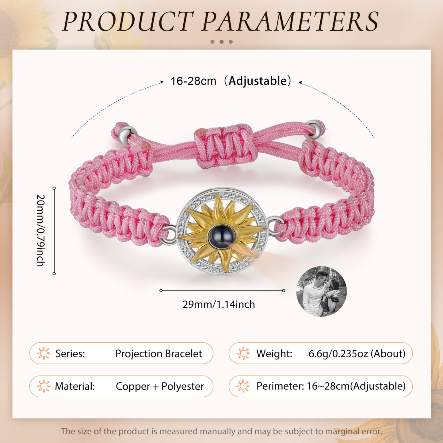 Pulsera con proyección de foto con dije de girasol cuerda rosa-Jessemade ES