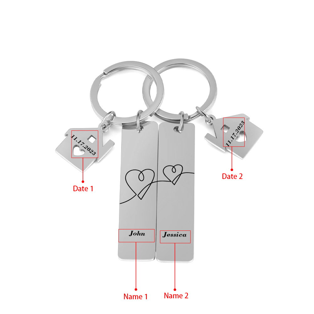 Llavero para pareja corazones conectados 2 nombres personalizados con fecha dije de casa-Jessemade ES