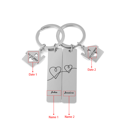 Llavero para pareja corazones conectados 2 nombres personalizados con fecha dije de casa-Jessemade ES