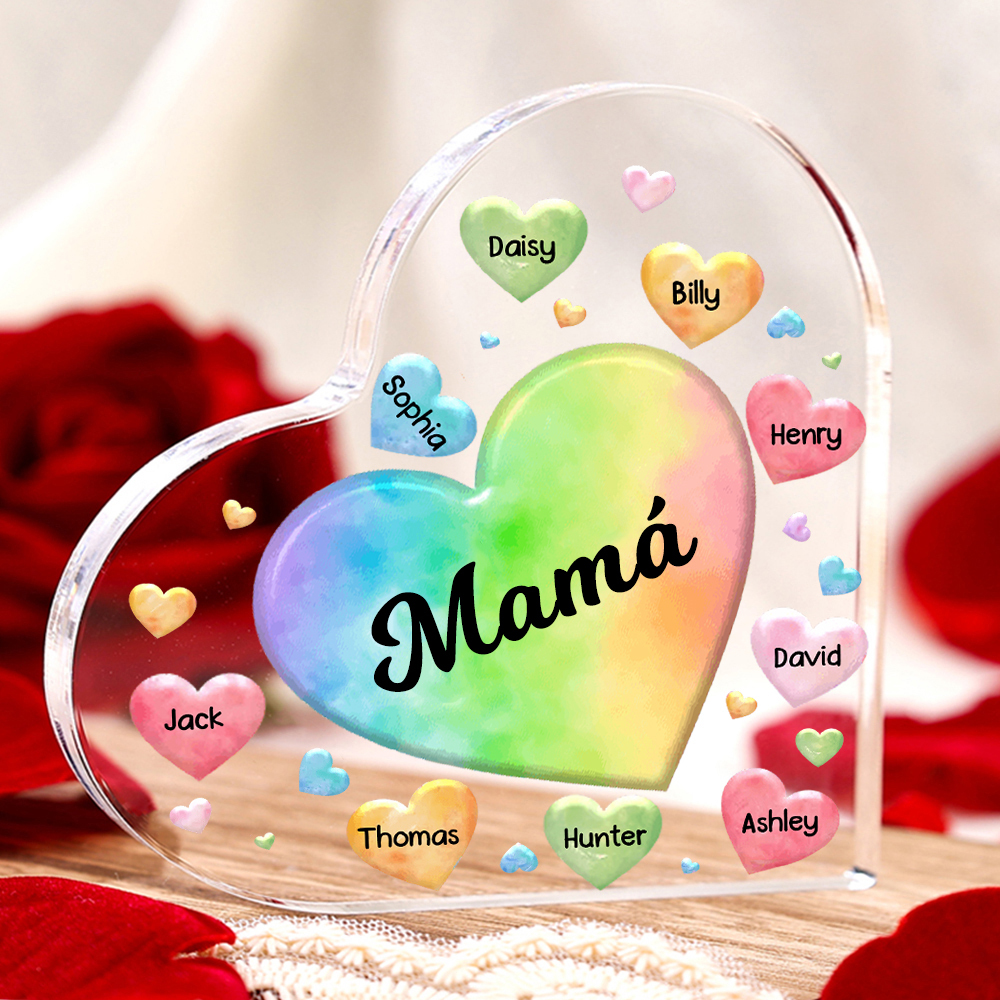 A mi mamá/abuela-Placa de acrílico "Corazones" en forma de corazón 9 nombres y 1 texto personalizados-Jessemade ES