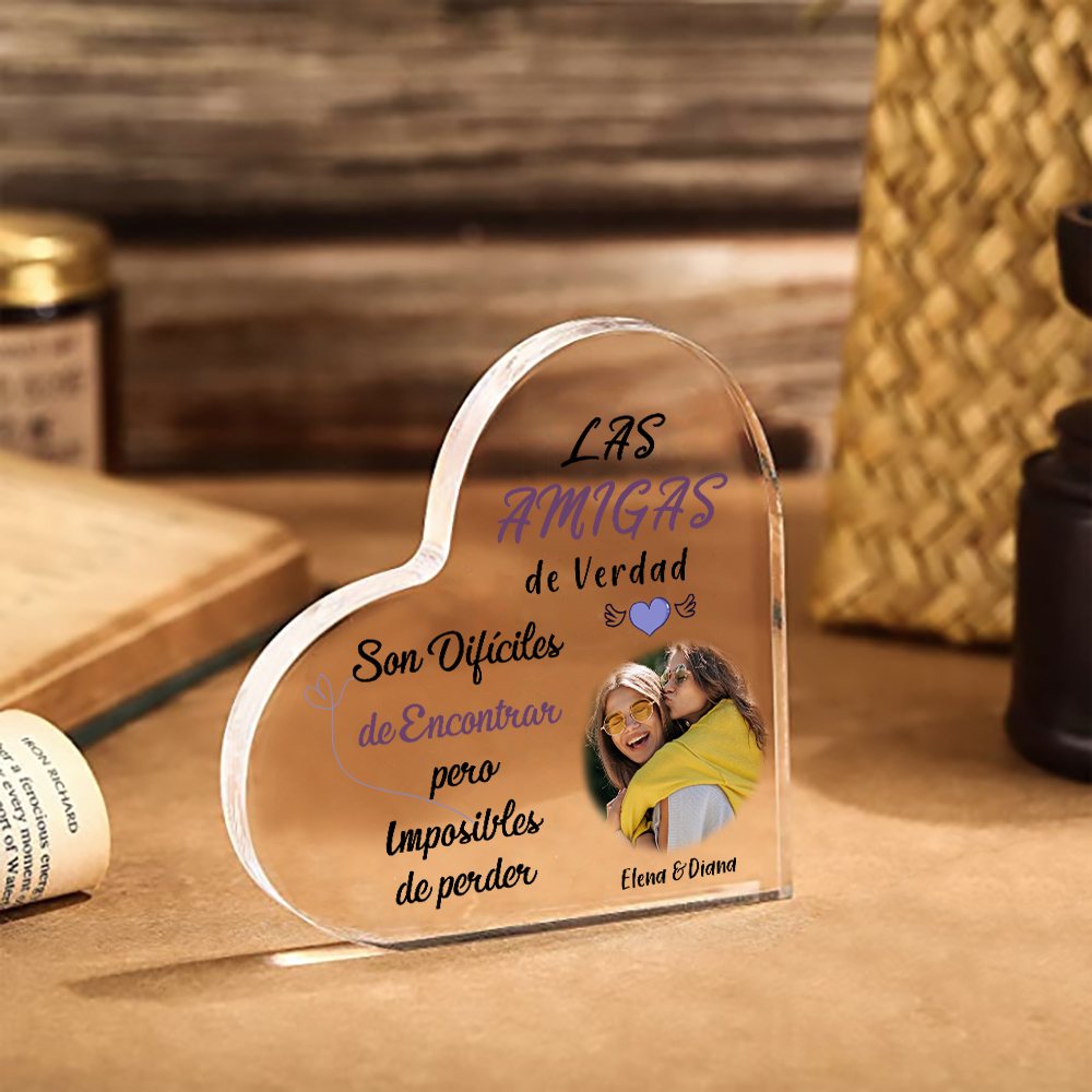 Placa de acrílico en forma de corazón para amiga con foto y 2 nombres personalizados-Jessemade ES