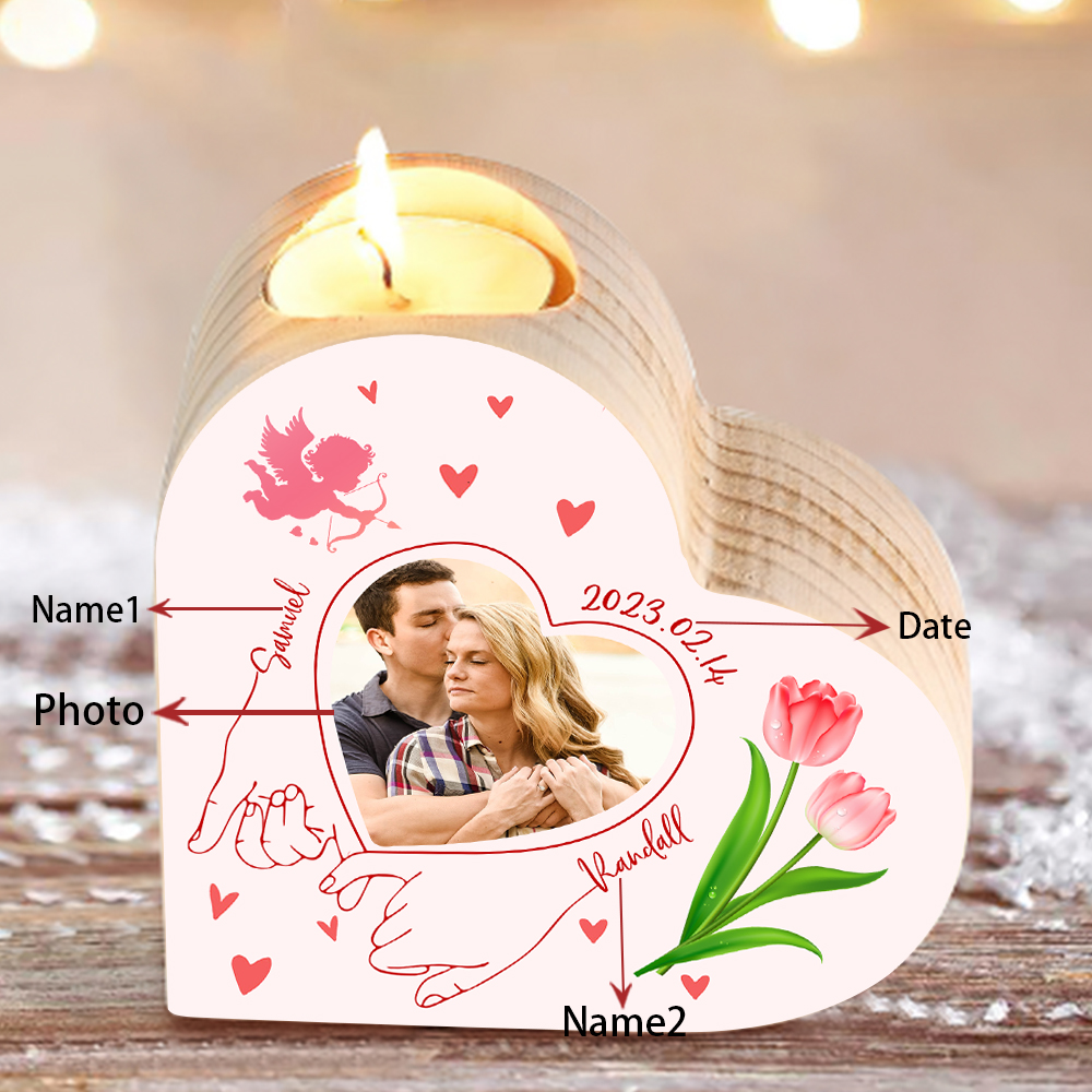 Candelero de madera para pareja con foto sin vela personalizado con nombres y fecha-Jessemade ES