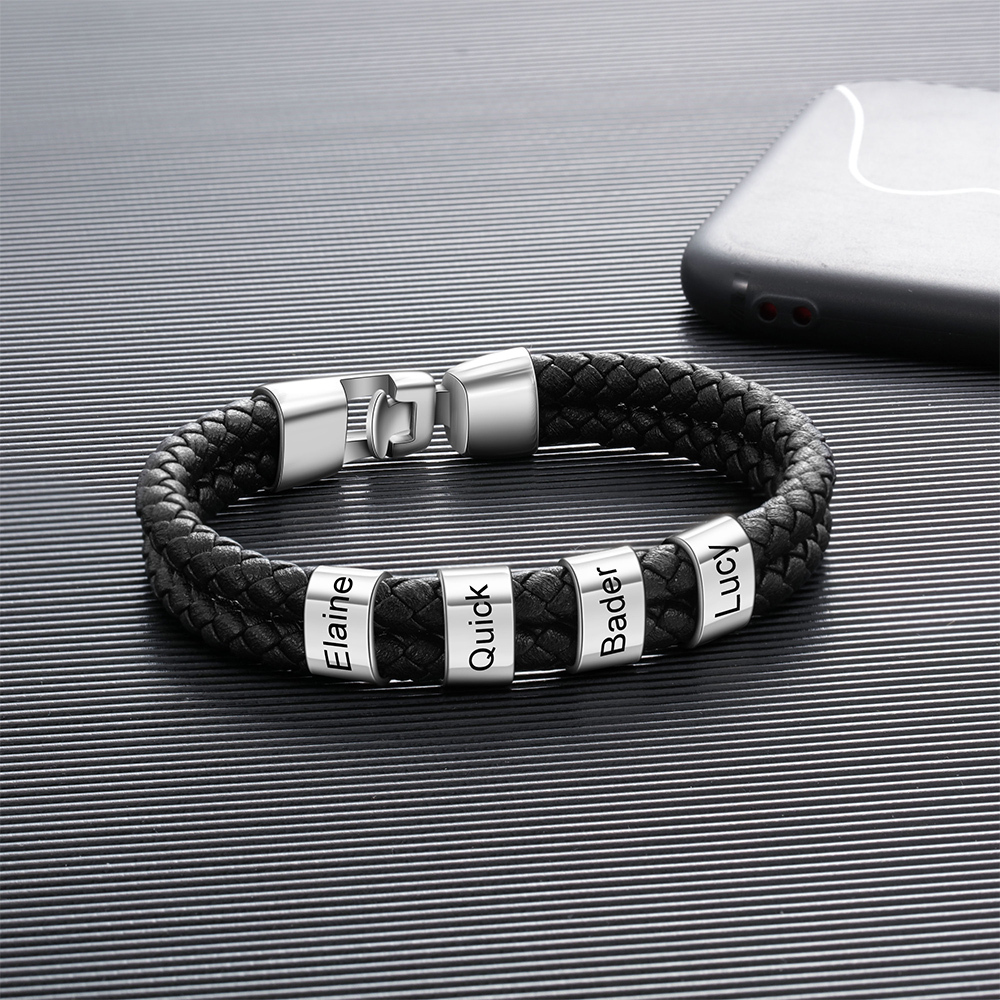 Pulsera 1-8 Nombres Personalizados de Cuero Trenzado con Aros-Jessemade ES