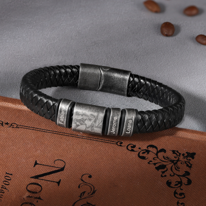 Pulsera 2-5 Nombres en Aros y Foto en Placa Personalizados de Cuero Trenzado