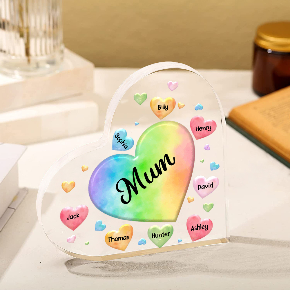 A mi mamá/abuela-Placa de acrílico "Corazones" en forma de corazón 8 nombres y 1 texto personalizados-Jessemade ES