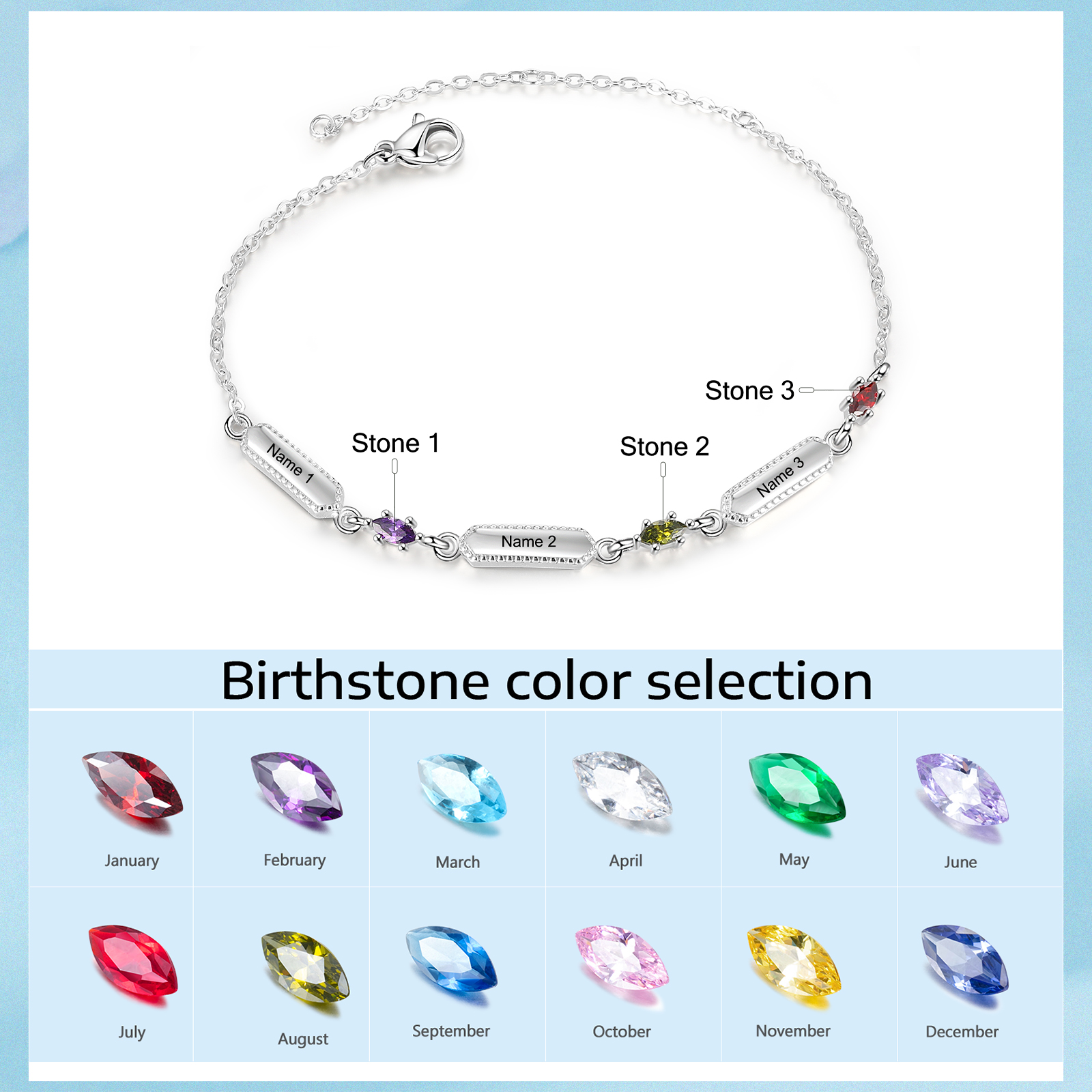 Pulsera infinito para mujer y placa personalizada con 3 nombres y 3 piedras de nacimiento-Jessemade ES