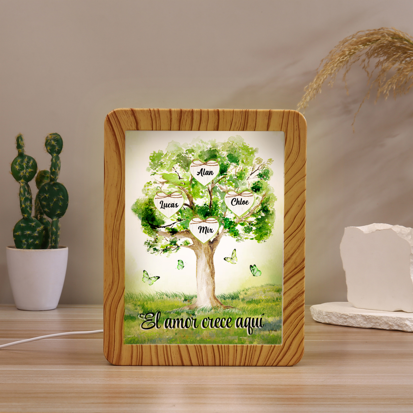 Marco/Espejo con LED Multifuncional Árbol de la Vida 2-8 Nombres Personalizados con 1 Texto-Jessemade ES