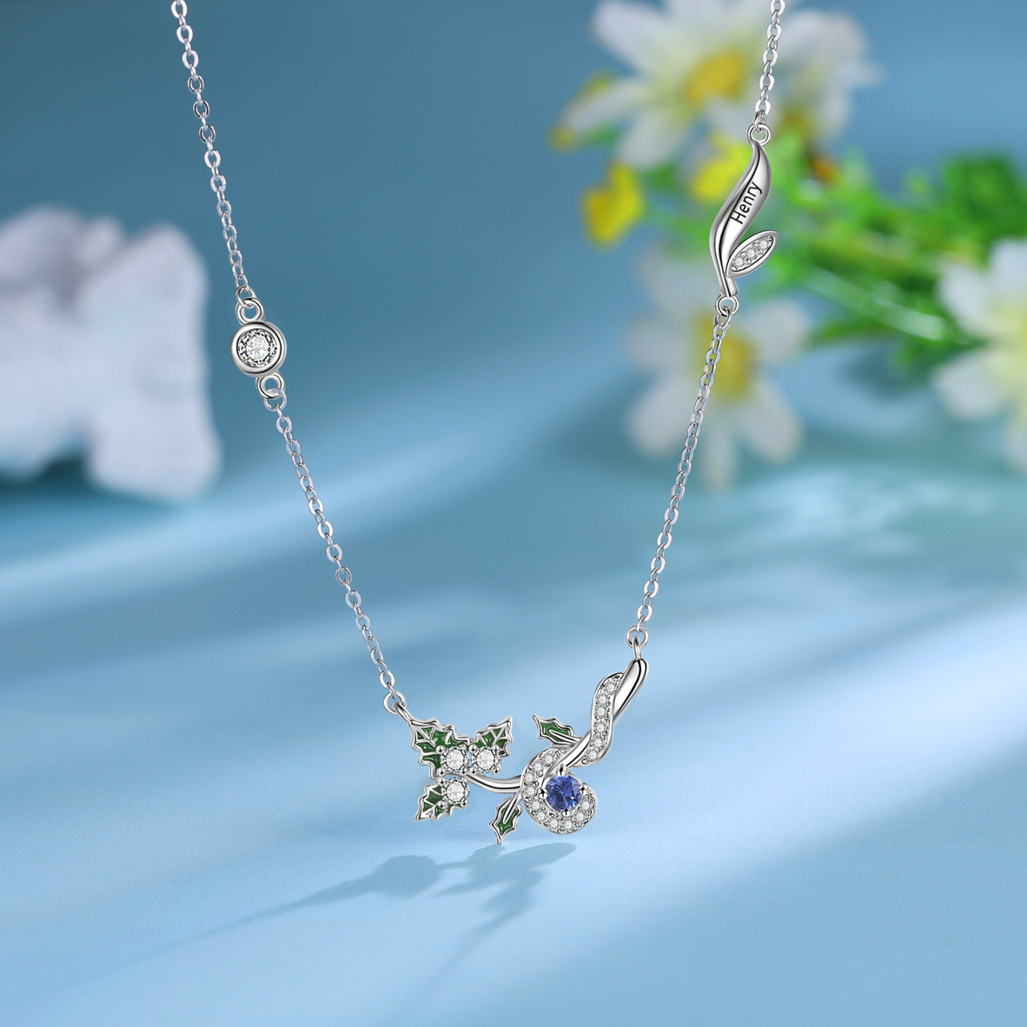 Collar de flor de diciembre acebo con nombre personalizado y piedra de nacimiento-Jessemade ES