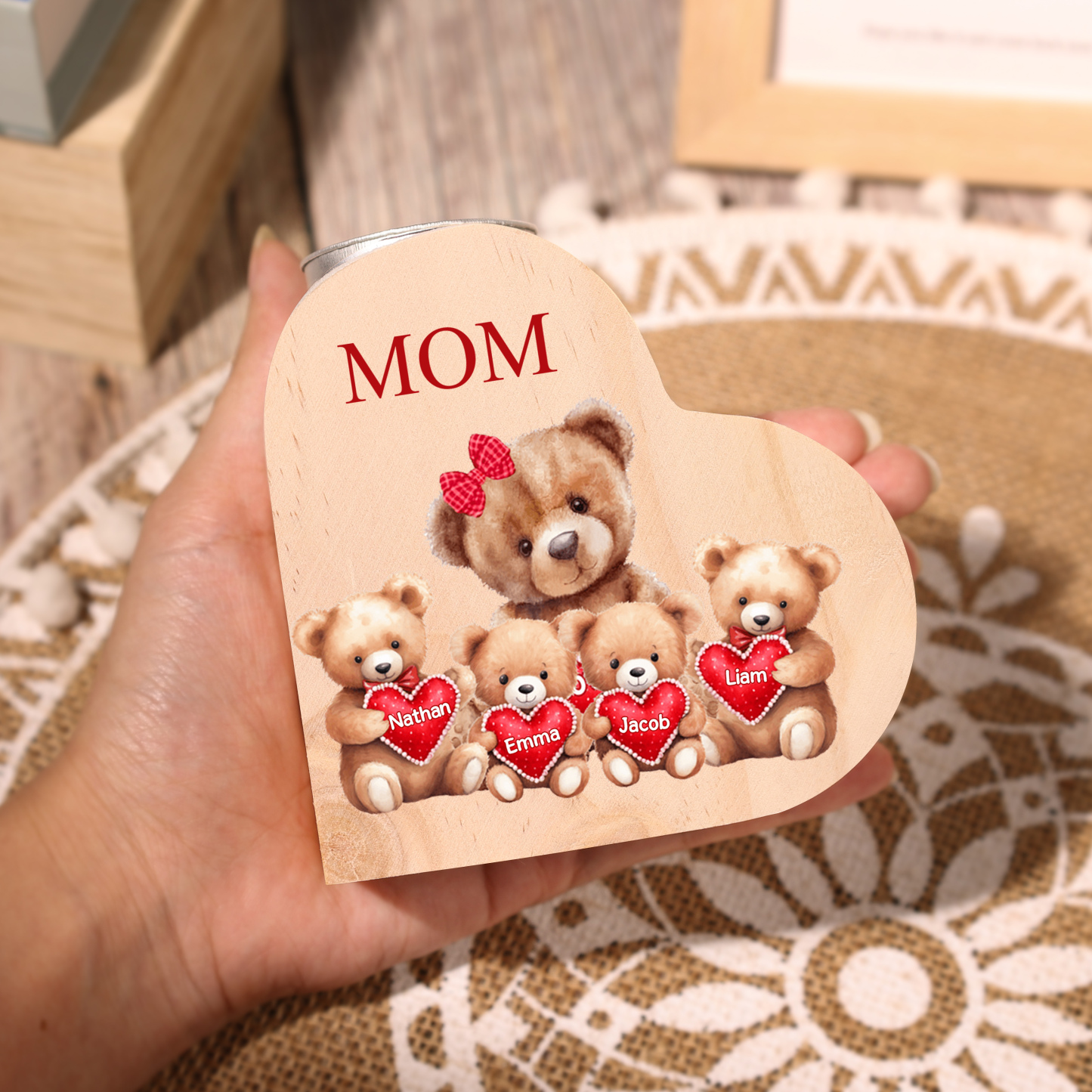 A mi mamá/abuela-Candelero osos 1-6 nombres y 1 texto personalizados en forma de corazón de madera sin candela-Jessemade ES