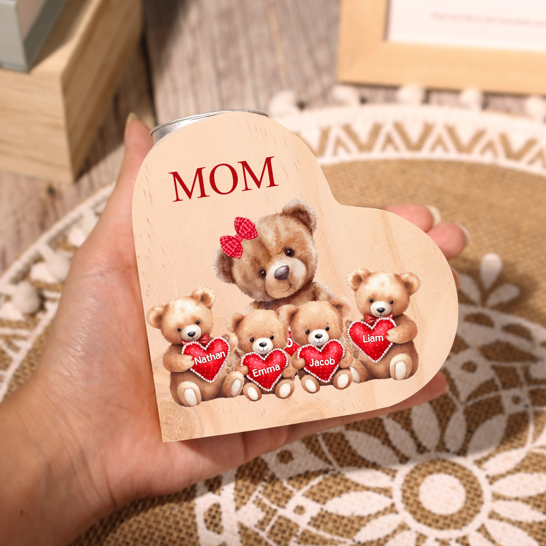 A mi mamá/abuela-Candelero osos 1-6 nombres y 1 texto personalizados en forma de corazón de madera sin candela-Jessemade ES