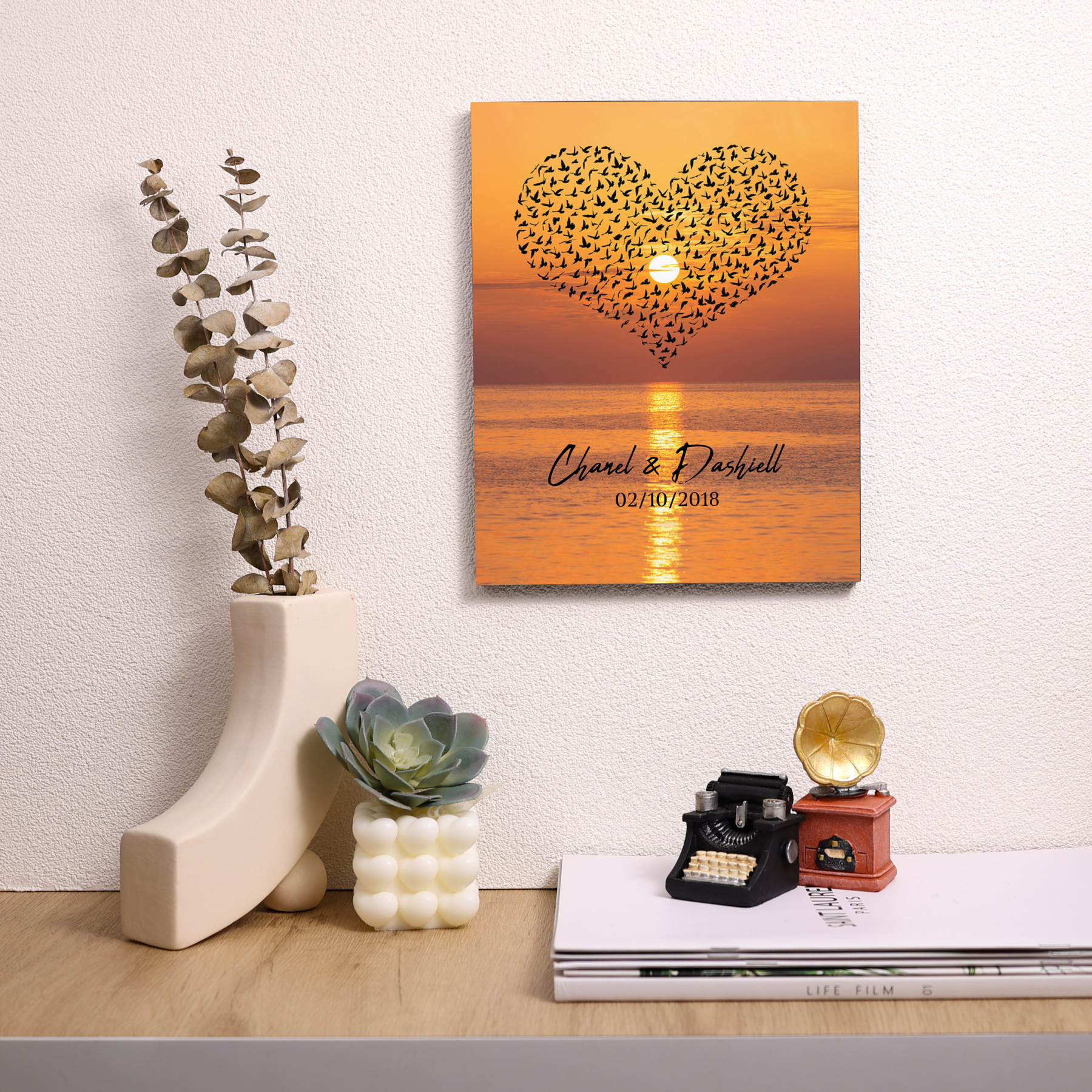 Lámina "corazón de pájaros" marco de madera para pareja 2 nombres personalizados con fecha-Jessemade ES