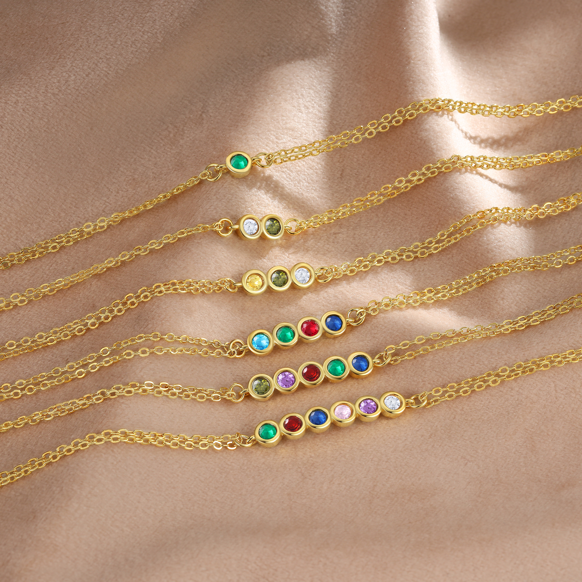 Pulsera 1-6 piedras de nacimiento personalizadas doble cadena-Jessemade ES