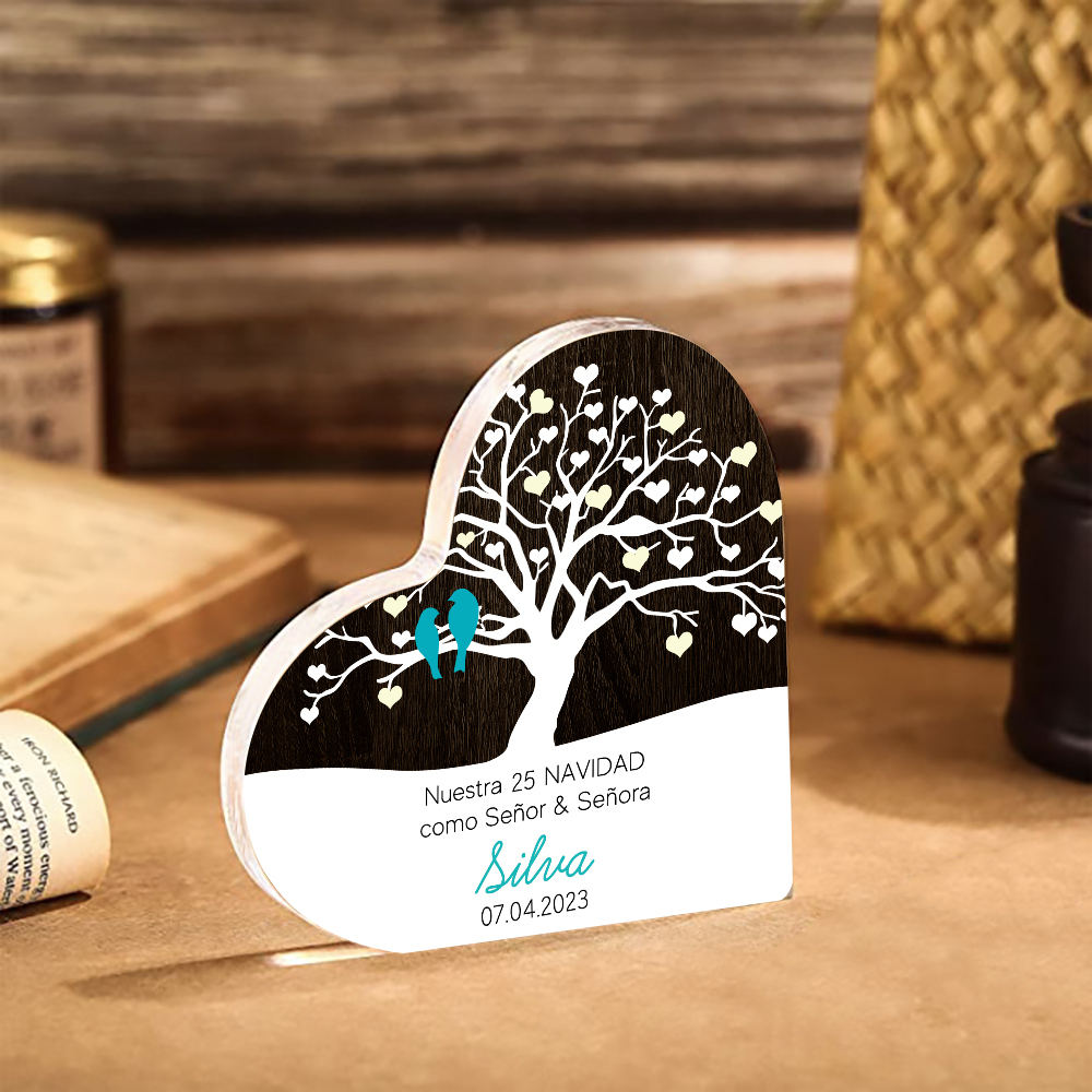 Navidad-Placa de acrílico en forma de corazón aniversario de navidad con número, fecha y apellido personalizados-Jessemade ES