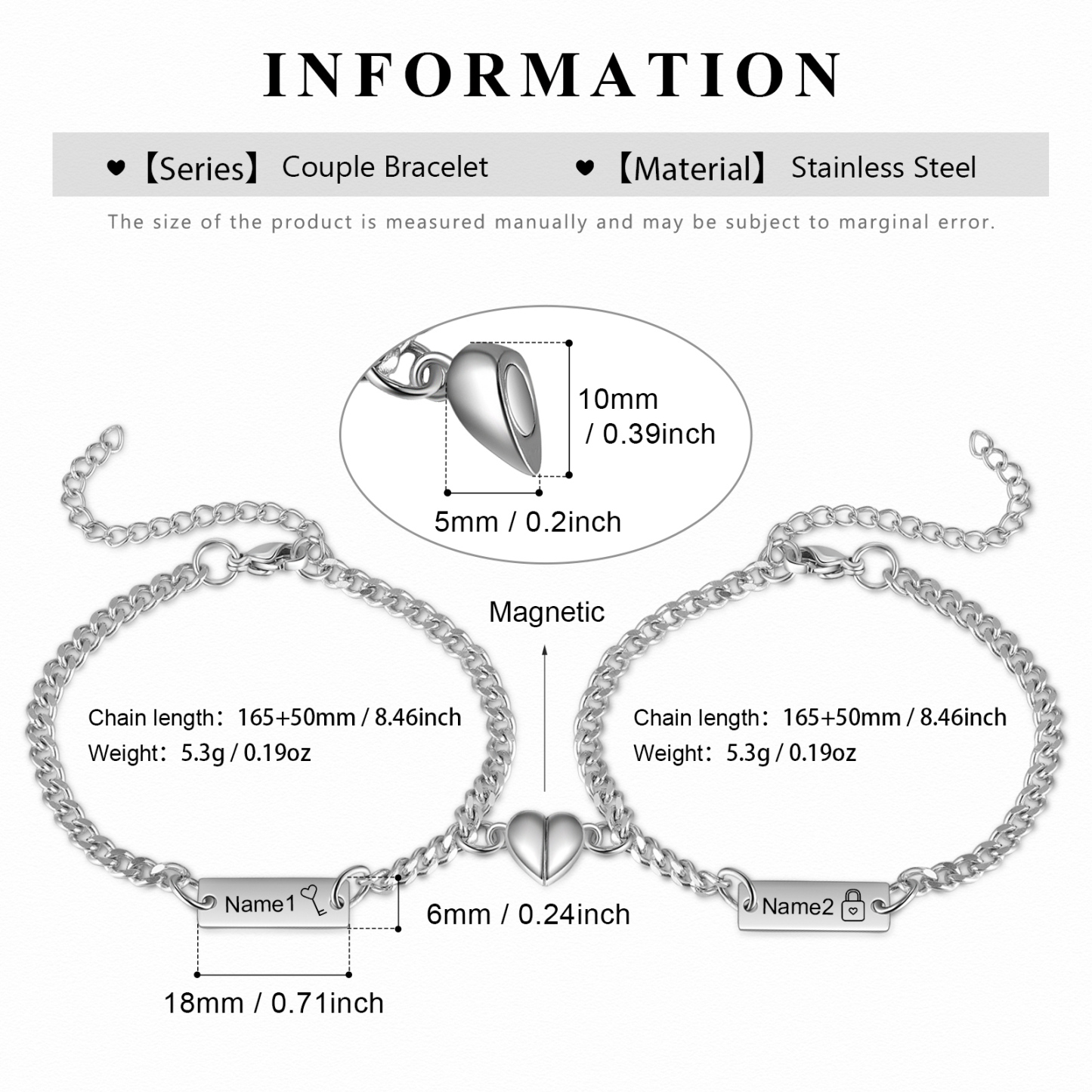 Pulseras de cadena personalizadas con 2 nombres para pareja con dije de corazón de rompecabezas magnético | Jessemade